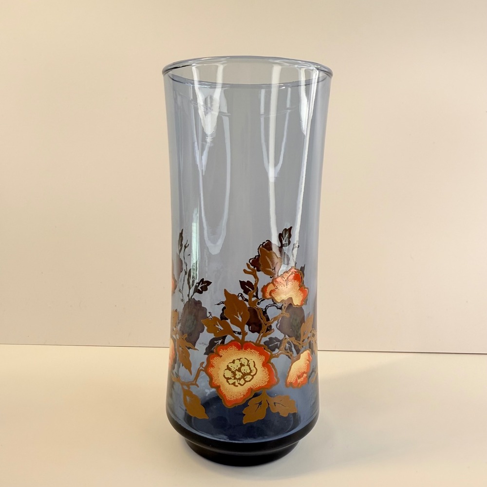 Libbey Orange Poppies Franco‎ Blue Single Tumbler Glass 6.5" 70s Vintage MCM